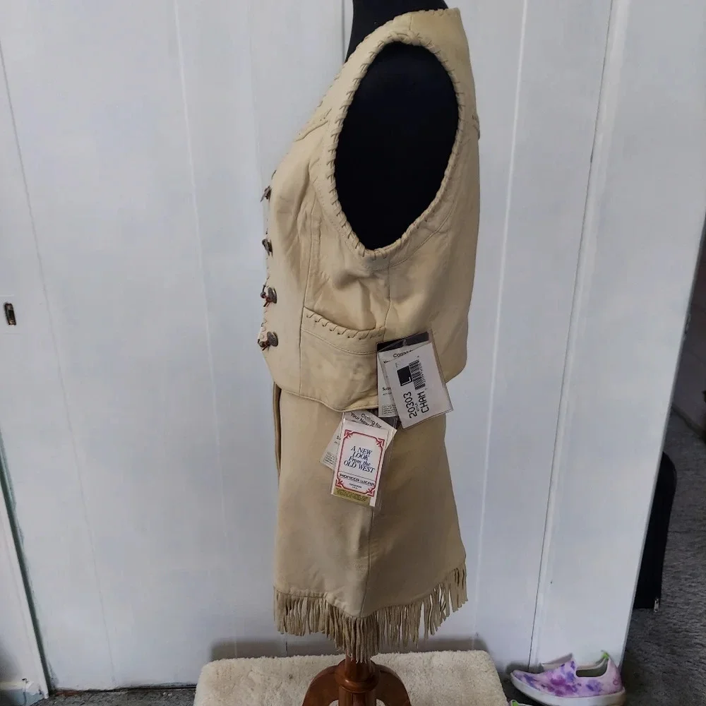 Pioneer Wear Vintage NOS Cream Leather Button Down Front Fringed A-Line Skirt‎